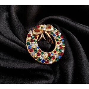 Vintage Eisenberg Ice Wreath Brooch Multicolor Rhinestones Gold-Tone 1960s-1970s